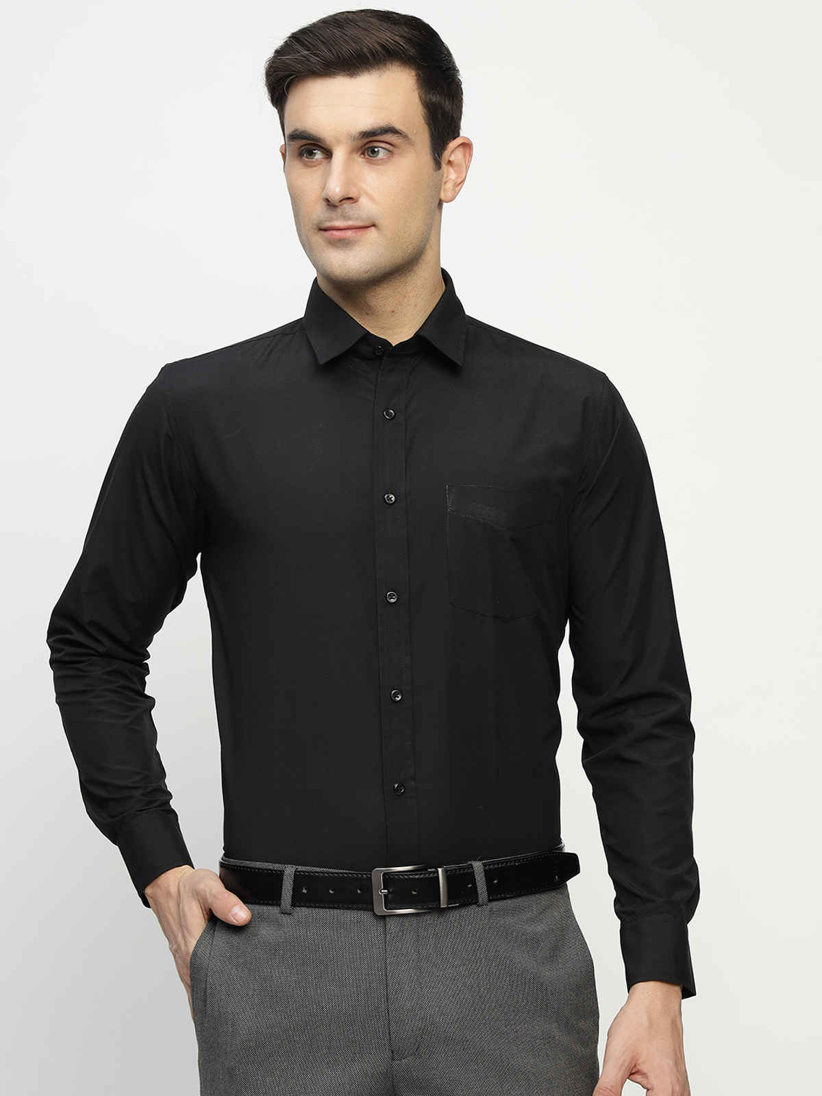 English Navy Men's Polyester Solid Slim Fit Formal Shirt | Black - L