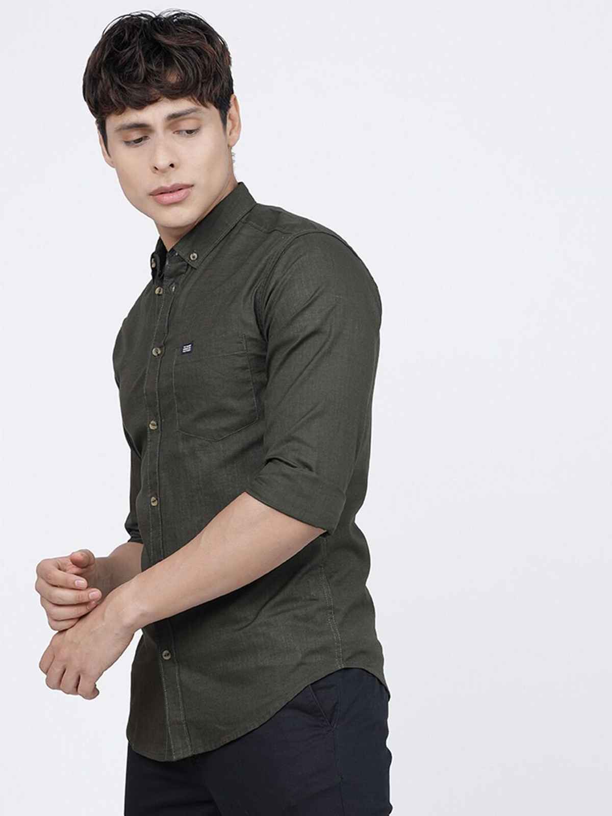 The Indian Garage Co Men's Slim Fit Solid Casual Shirt | Olive - XL