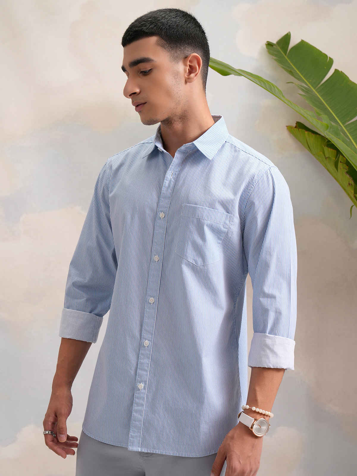 HIGHLANDER Classic Slim Fit Vertical Striped Spread Collar Cotton Casual Shirt | White & Blue | M