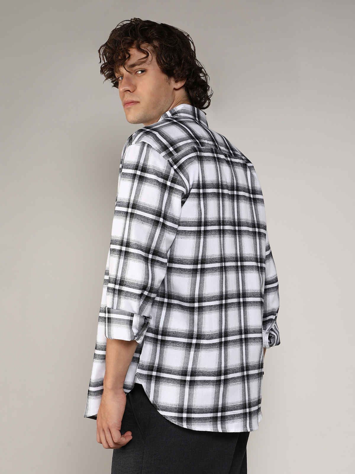 Campus Sutra Men's Brushed Buffalo Check Shirt | Chalk White & Midnight Black - M