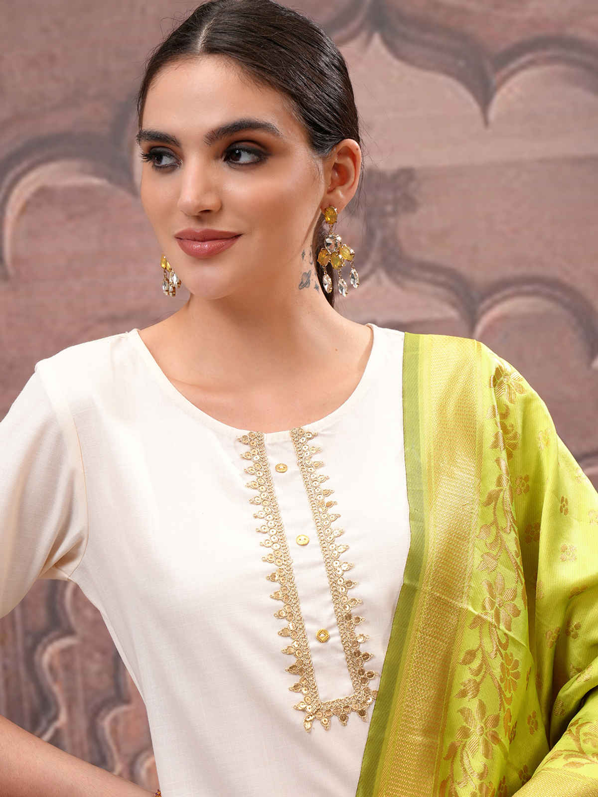 Vishudh Women's Embroidered Straight Kurta with Palazzo & Dupatta | Cream | L