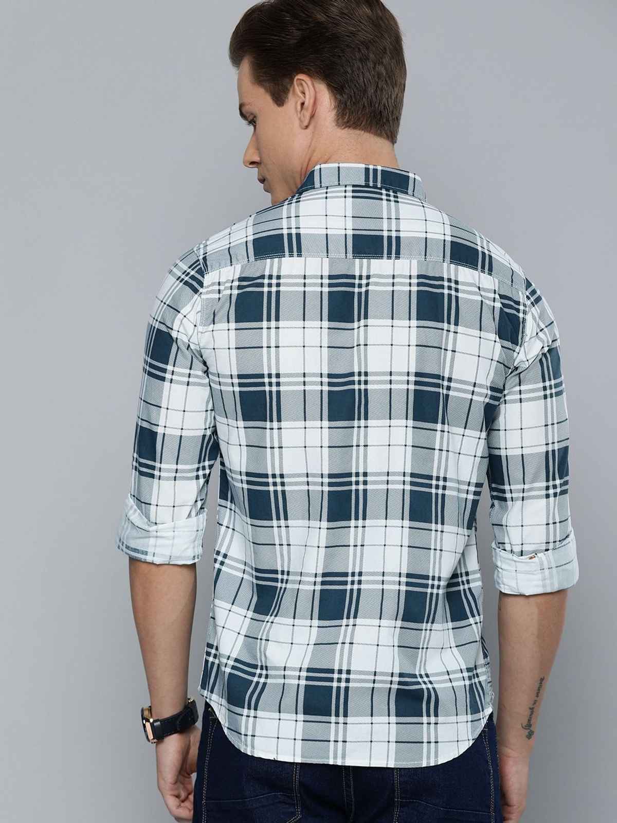 The Indian Garage Co Men's Slim Fit Checked Casual Shirt | White - XXL