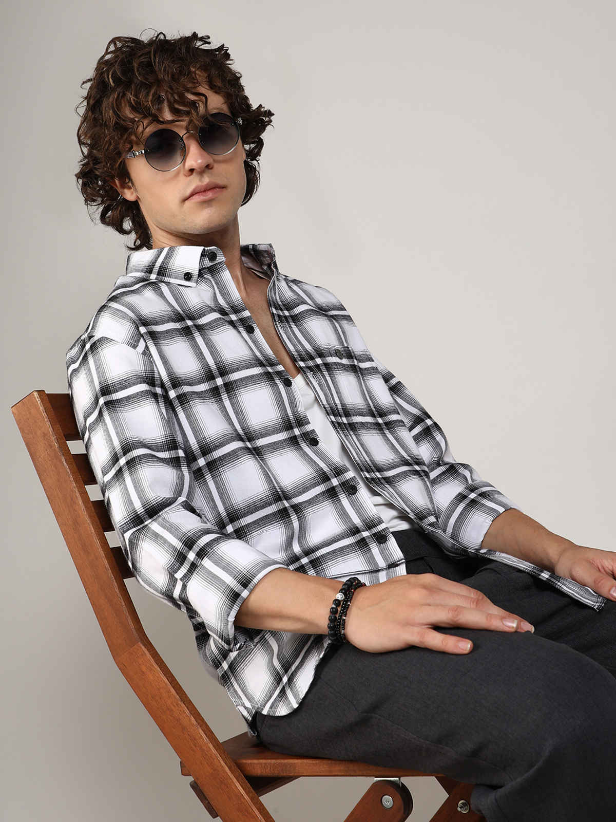 Campus Sutra Men's Brushed Buffalo Check Shirt | Chalk White & Midnight Black - S