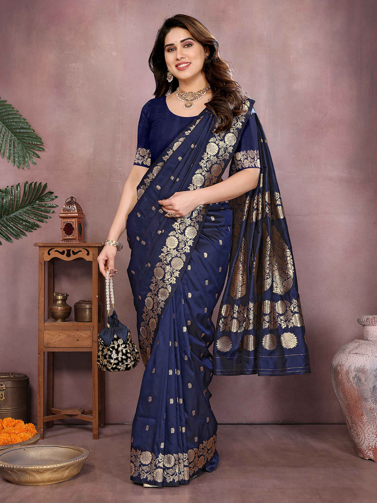Hema Silk Mills Women Woven Two-Tone Banarasi Silk Blend Saree | Navy Blue