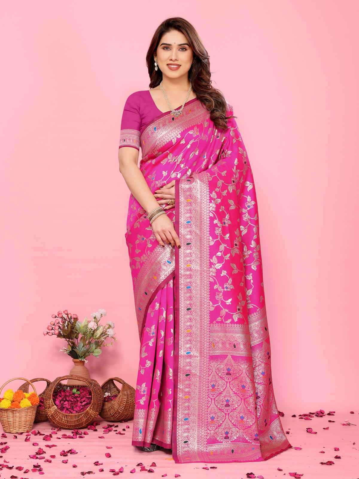 Hema Silk Mills Women Woven Banarasi Meena Jacquard, Silk Blend Saree | Pink