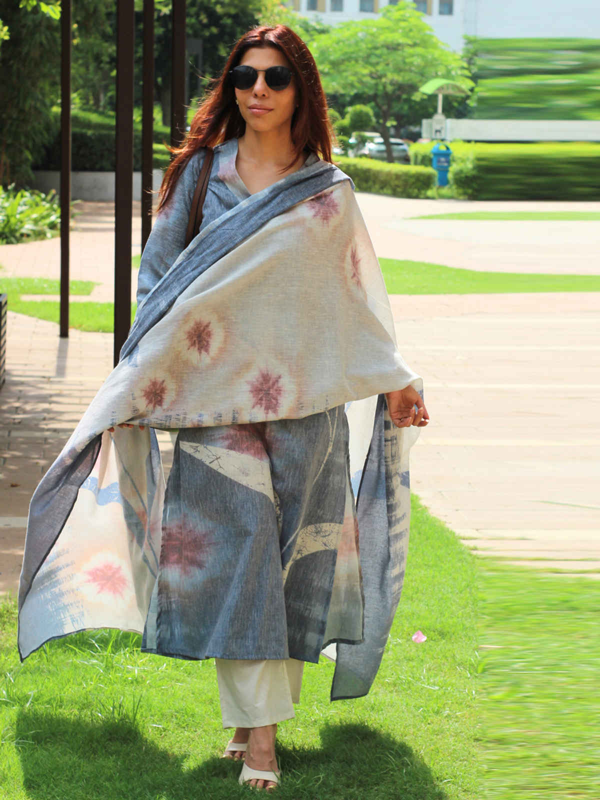 GoSriKi Women's Cotton Blend Straight Printed Kurta with Pant & Dupatta | Mrita Grey | S