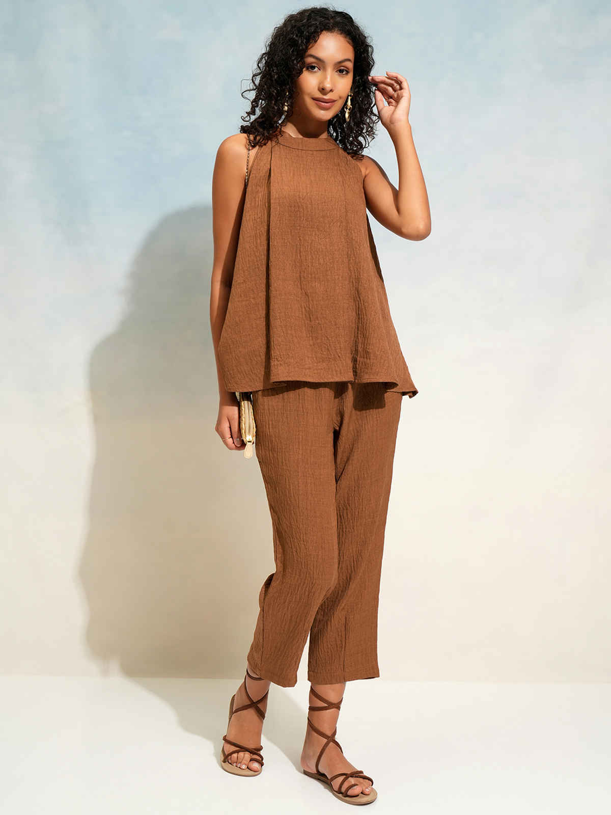 Tokyo Talkies Women's Solid Relaxed Top & Trouser Co-Ord Set | Brown - S