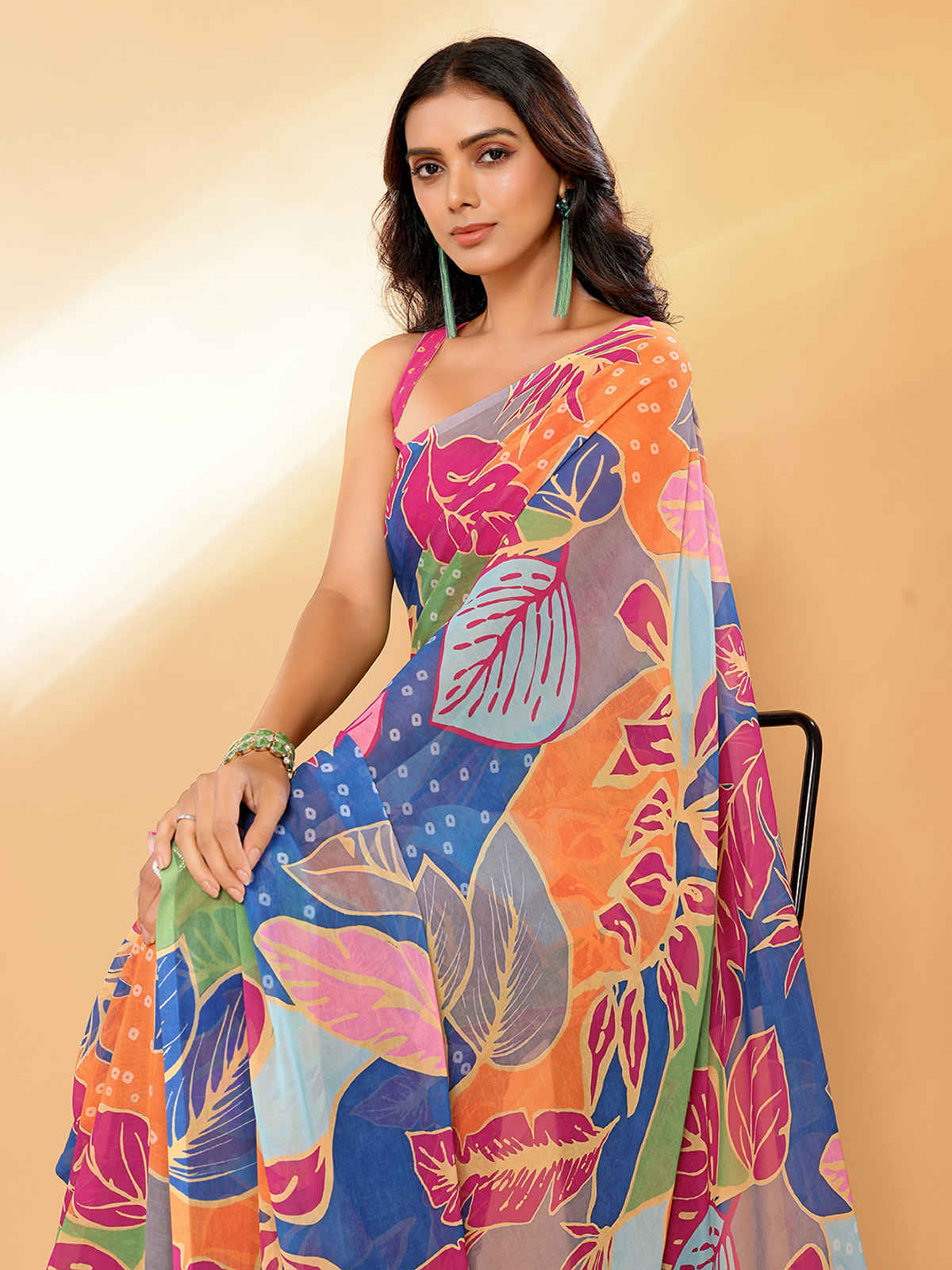 Janasya Women's Georgette Tropical Printed Saree with Blouse Piece | SAR441 | Multicolour