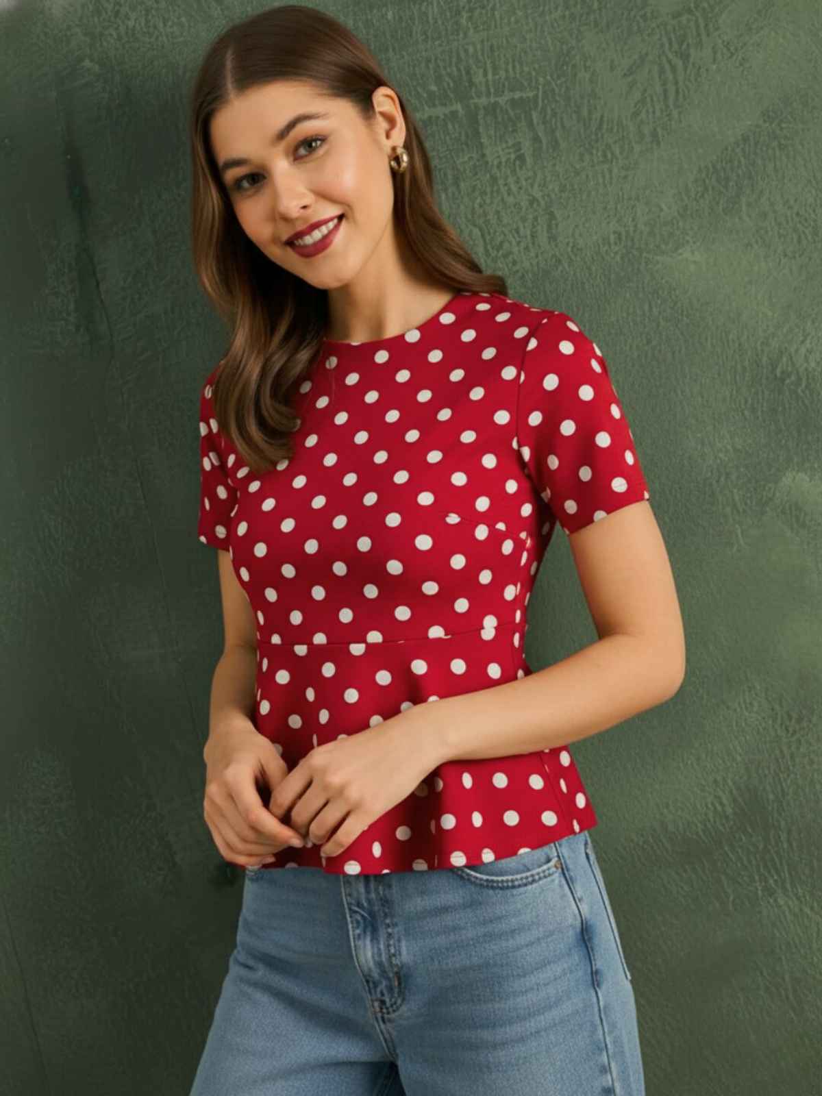 Uptownie Women's Stretchable Half Sleeve Peplum Top | Red | M