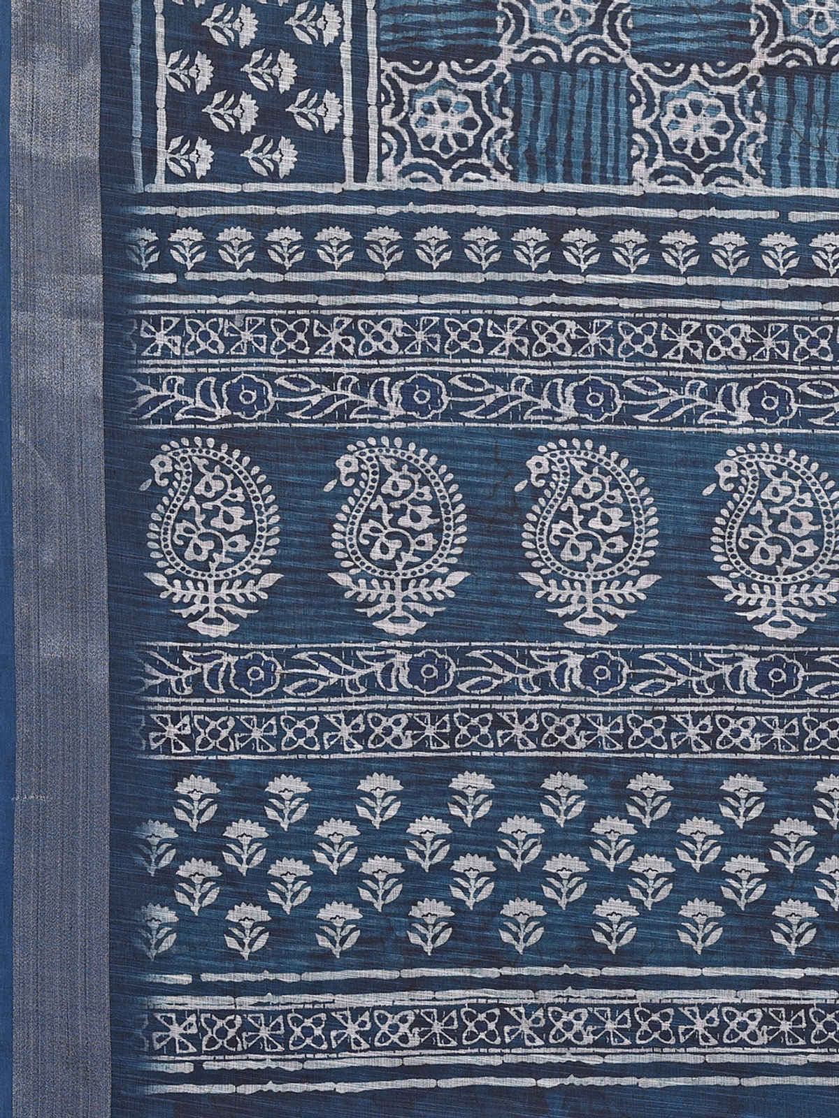 Janasya Women's Cotton Linen Block Print Printed Saree with Blouse Piece | SAR450 | Navy Blue
