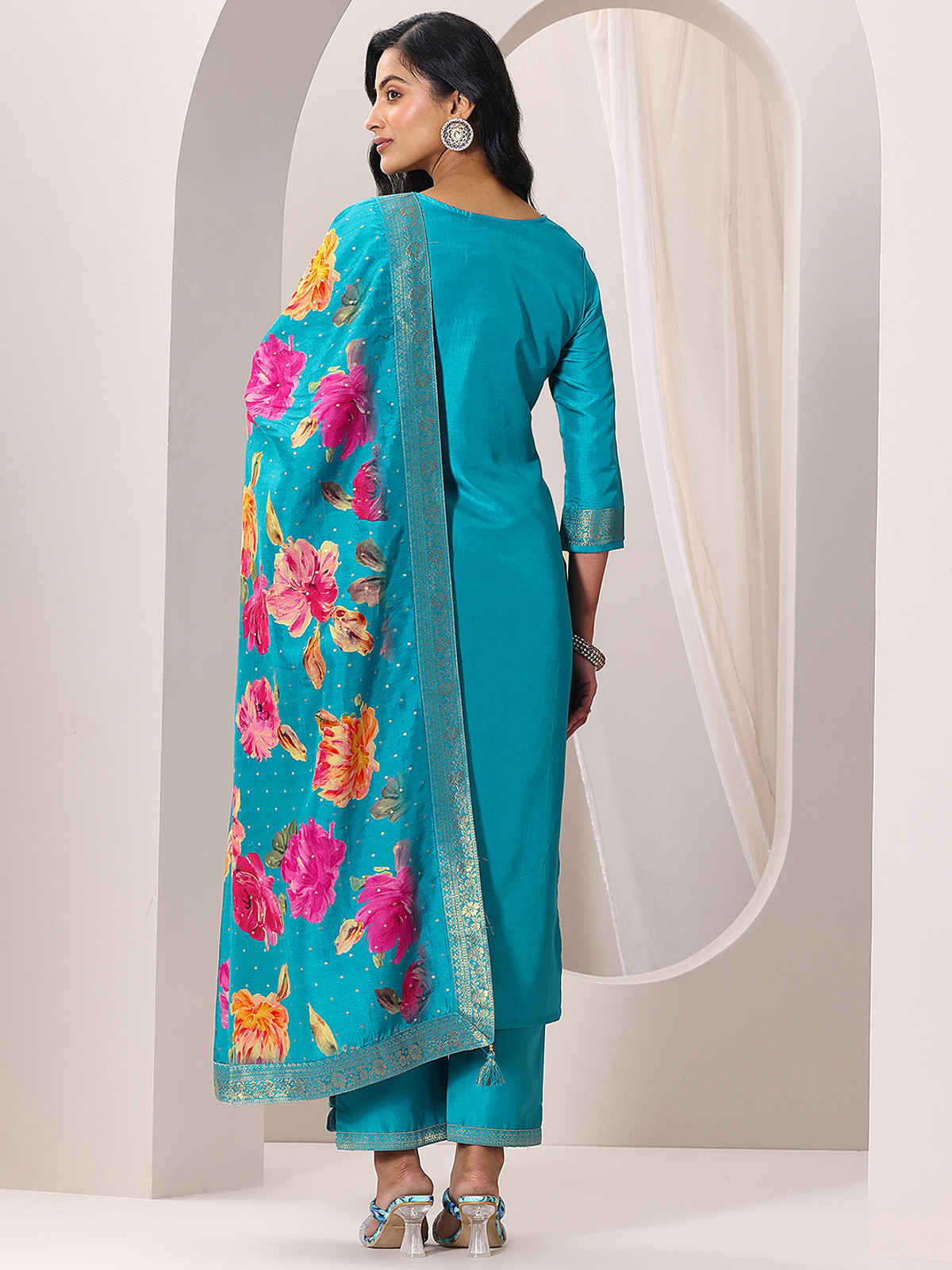 Libas Rama Woven Design Silk Blend Straight Suit Set With Dupatta | 99077OR | Blue - M