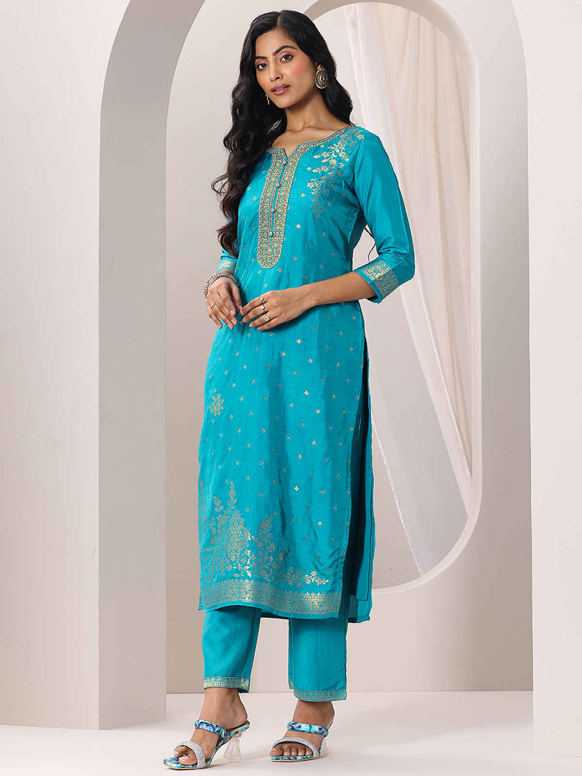 Libas Rama Woven Design Silk Blend Straight Suit Set With Dupatta | 99077OR | Blue - M