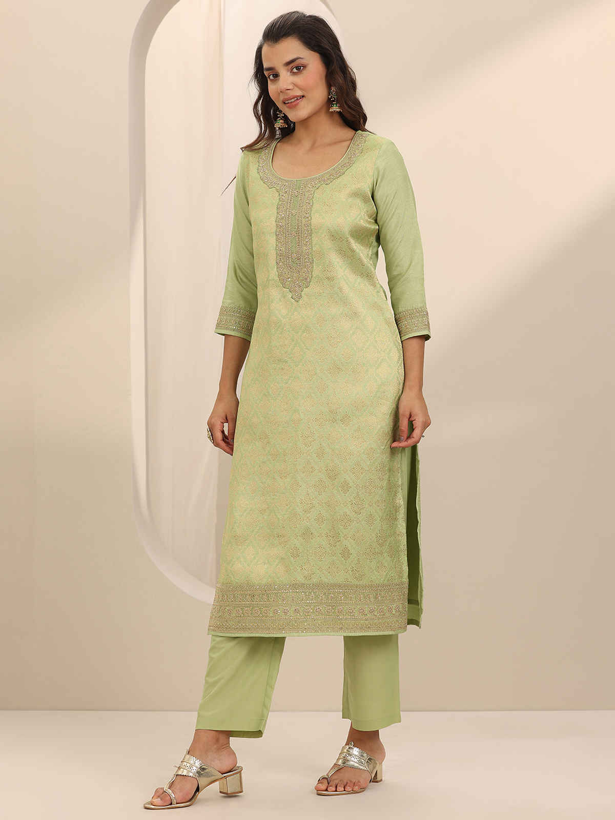 Libas Woven Design Silk Blend Straight Suit Set With Dupatta | 99477H | Green - XL