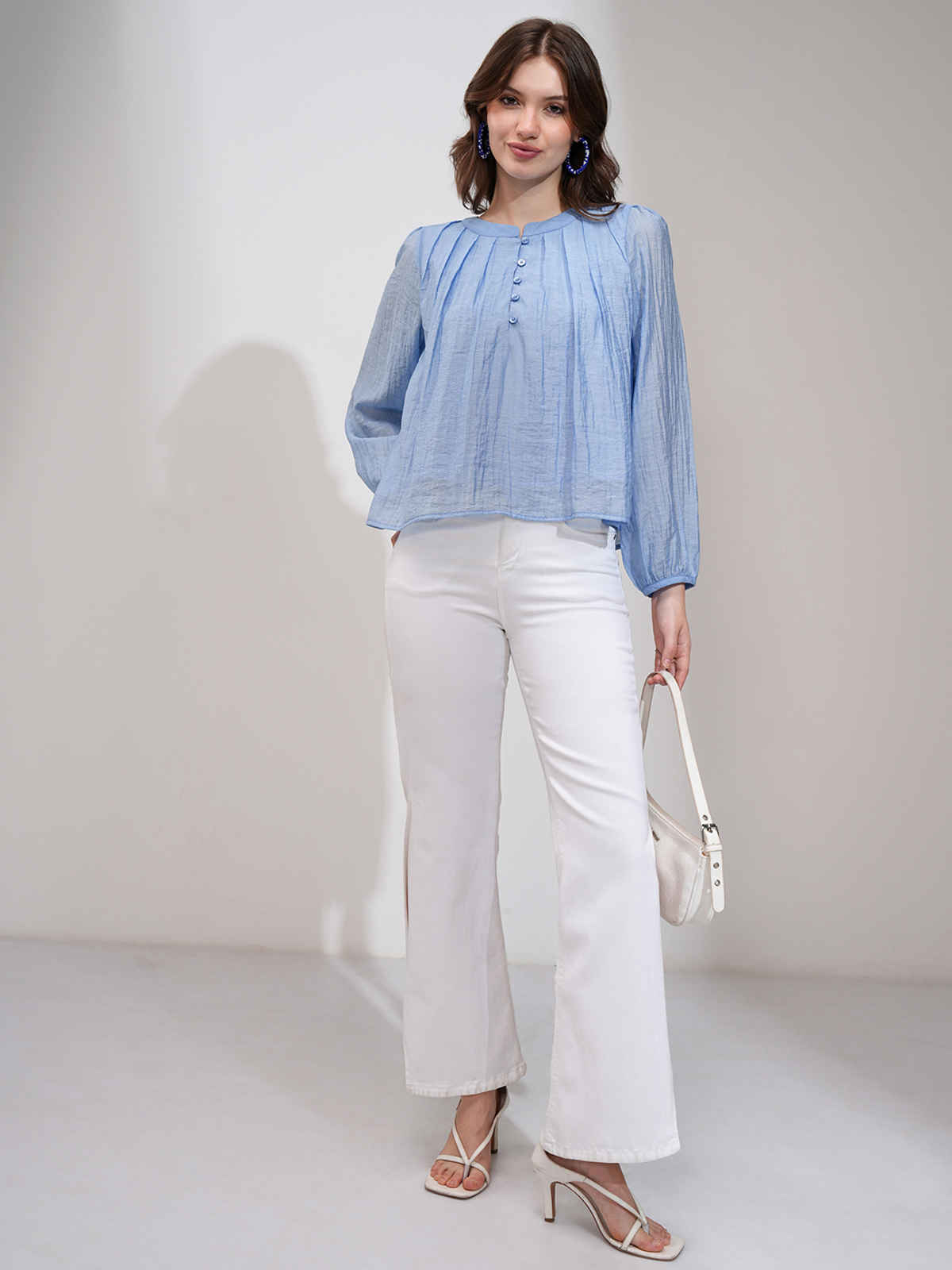 Tokyo Talkies Women's Solid Bishop Sleeve Pleated Top | Blue - S