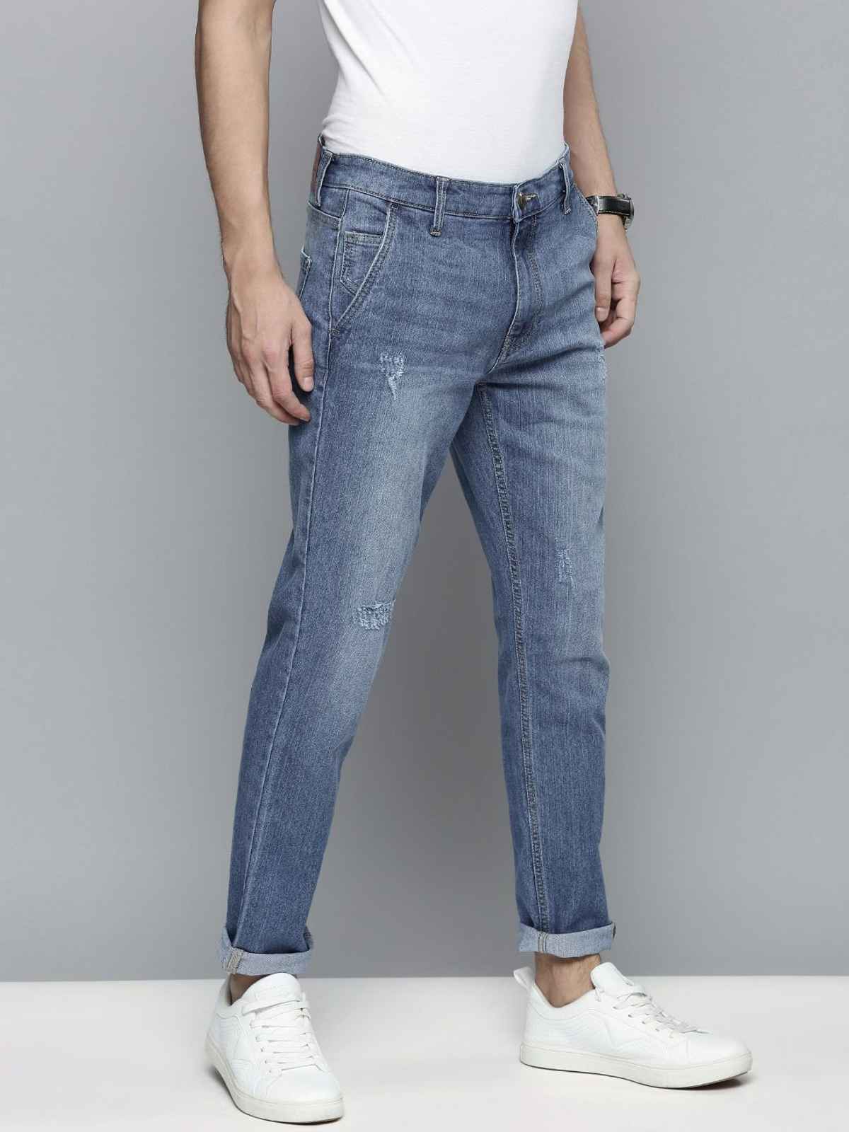 The Indian Garage Co Men's Slim Fit Solid Casual Textured Jeans | Blue - 34
