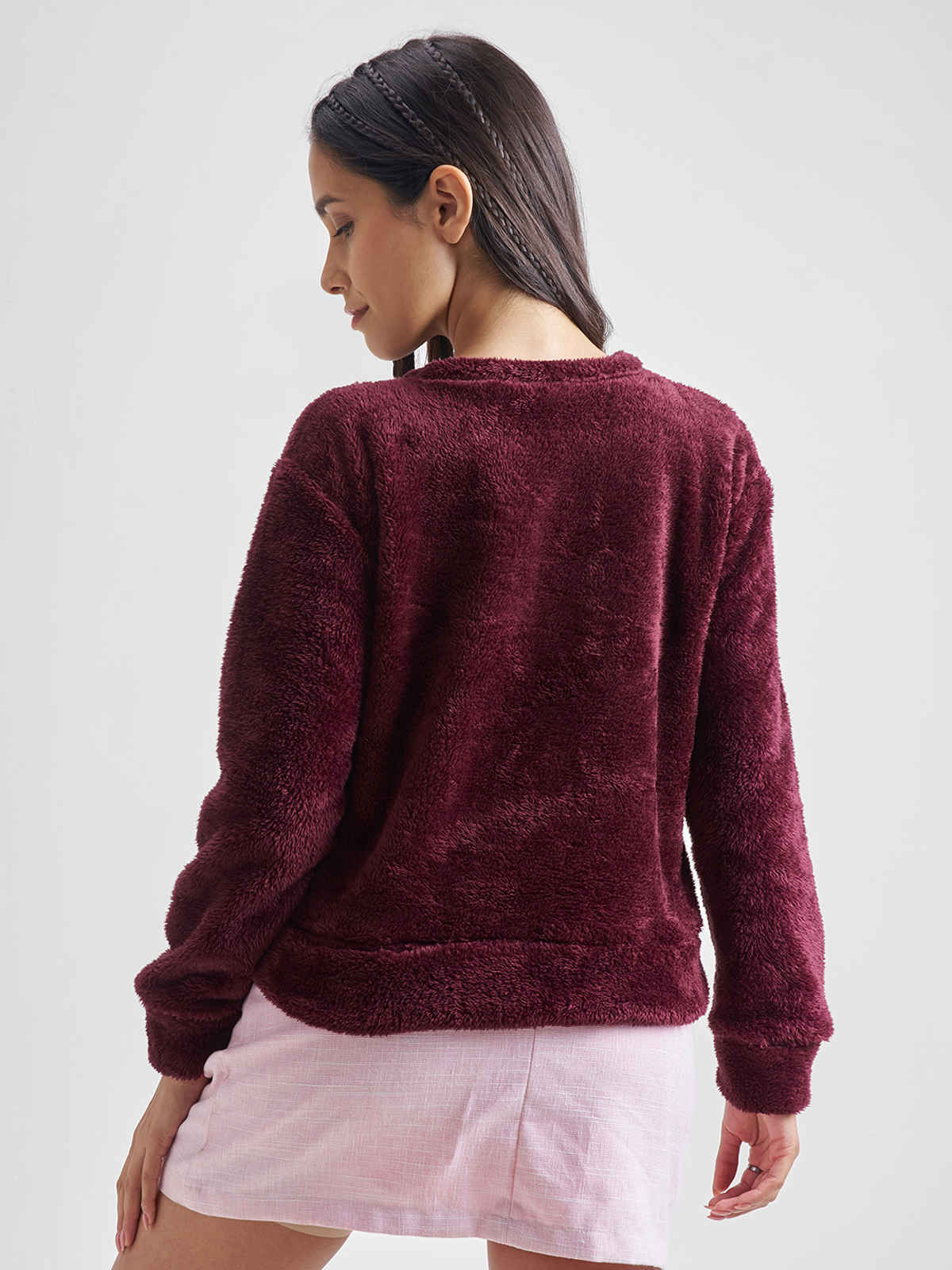 Tokyo Talkies Women's Self Design Pullover Sweatshirt | Maroon - S