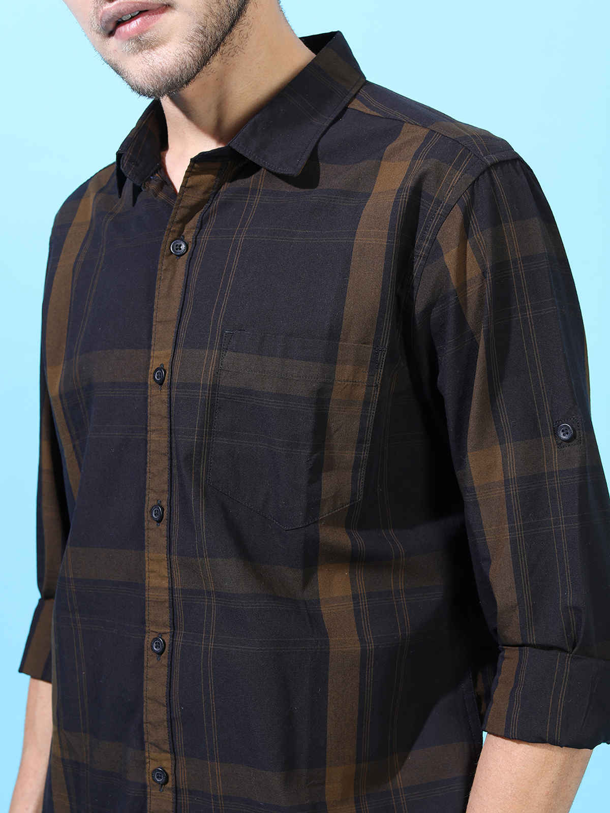 Highlander Men's Slim Fit Checked Casual Shirt | Black & Olive Green - M