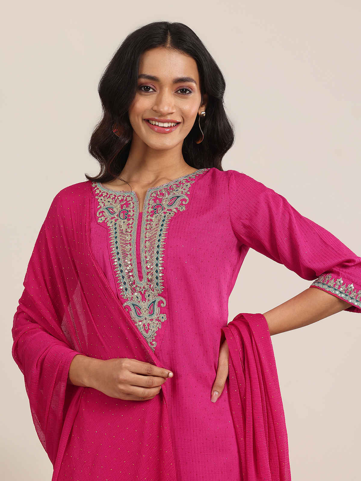 Gerua By Libas Yoke Deisgn Silk Blend Straight Suit With Dupatta | GS1073C | Pink - XL