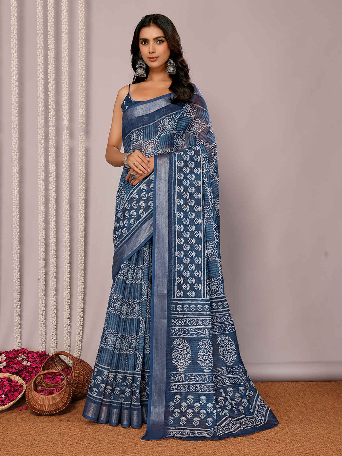 Janasya Women's Cotton Linen Block Print Printed Saree with Blouse Piece | SAR450 | Navy Blue