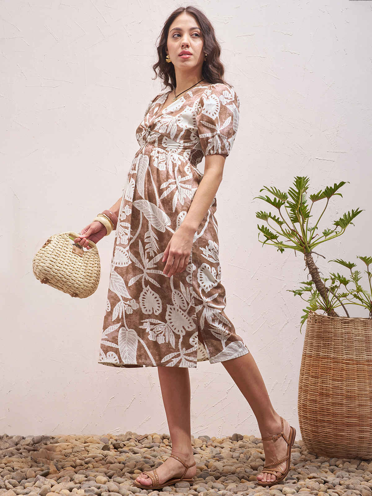 Vara By Vishudh Women's Cotton Slub Printed Flayered Midi Dress | Pink - L