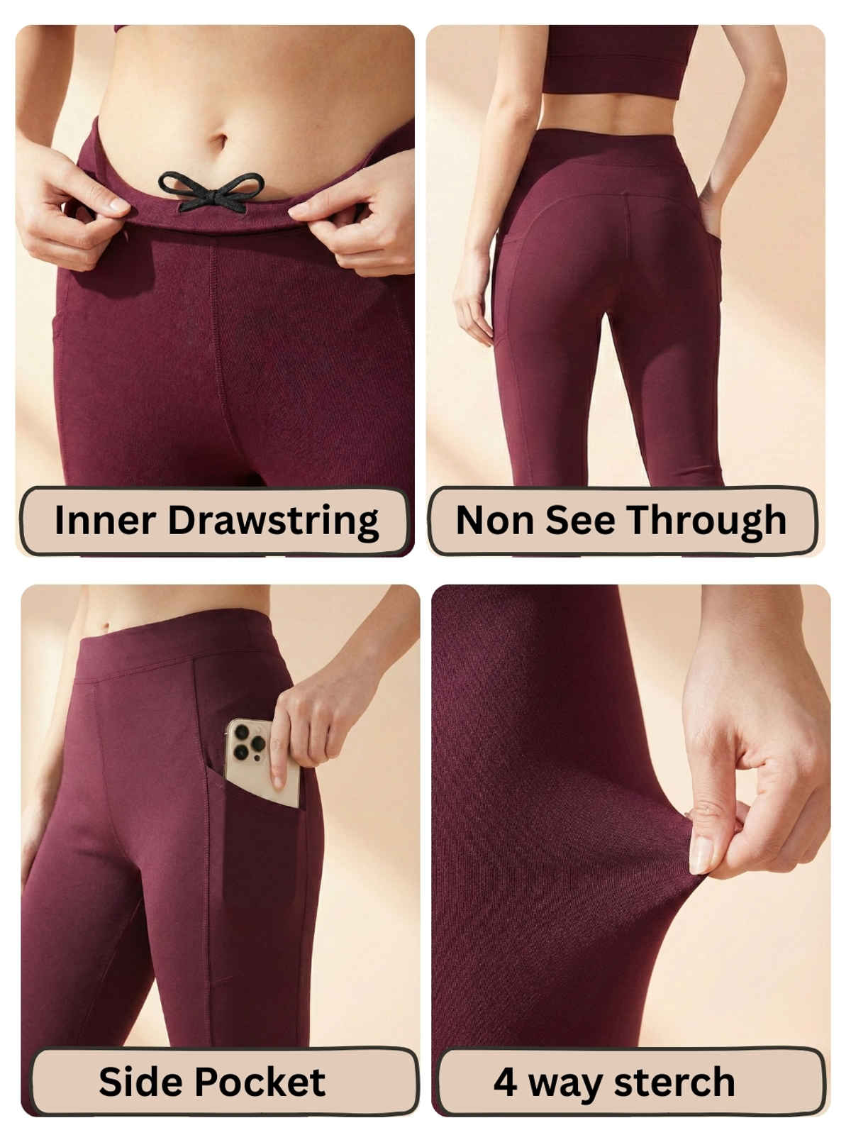 Blinkin Women's Gym Pants & Tights - Maroon | Workout | With Side Pockets | S