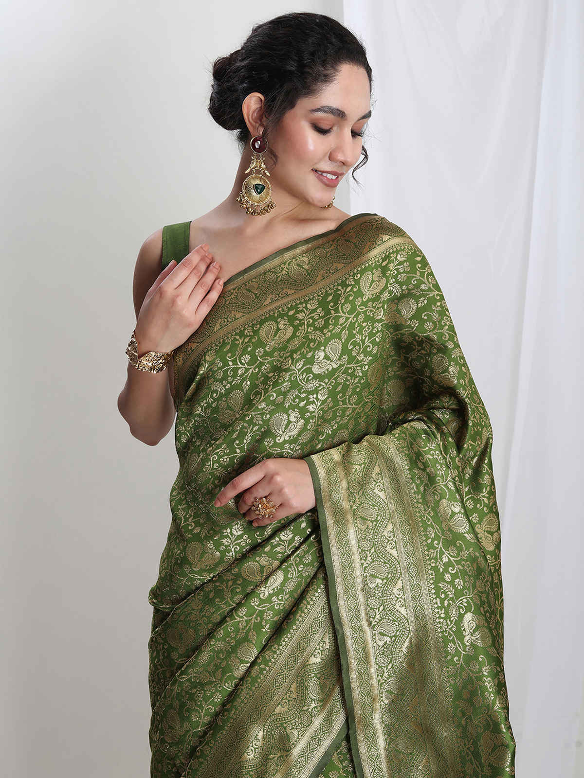 Janasya Women's Silk Blend Floral Woven Design Jacquard Saree with Blouse Piece | SAR656 | Green