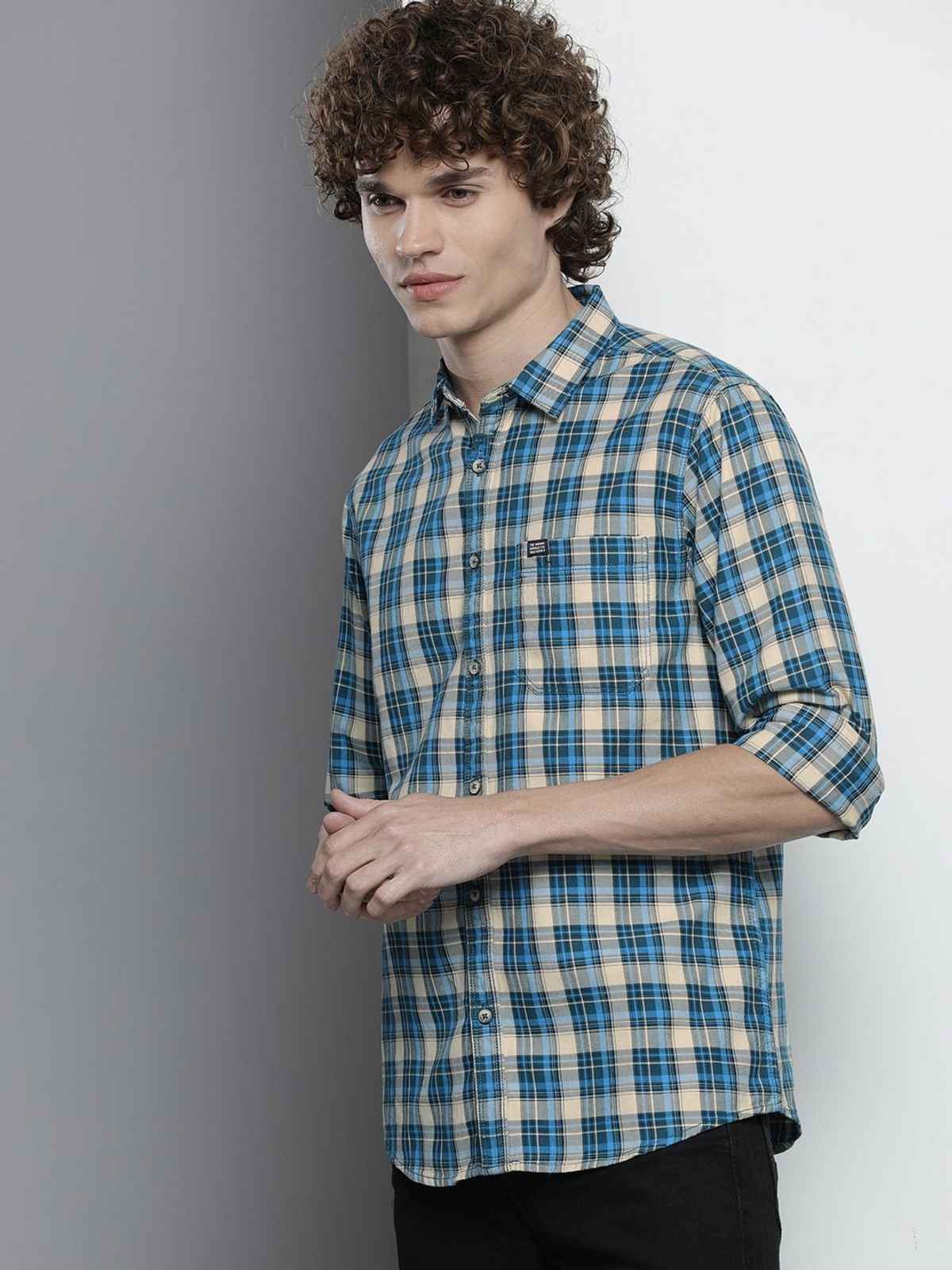 The Indian Garage Co Men's Slim Fit Checkered Casual Shirt | Blue - XL