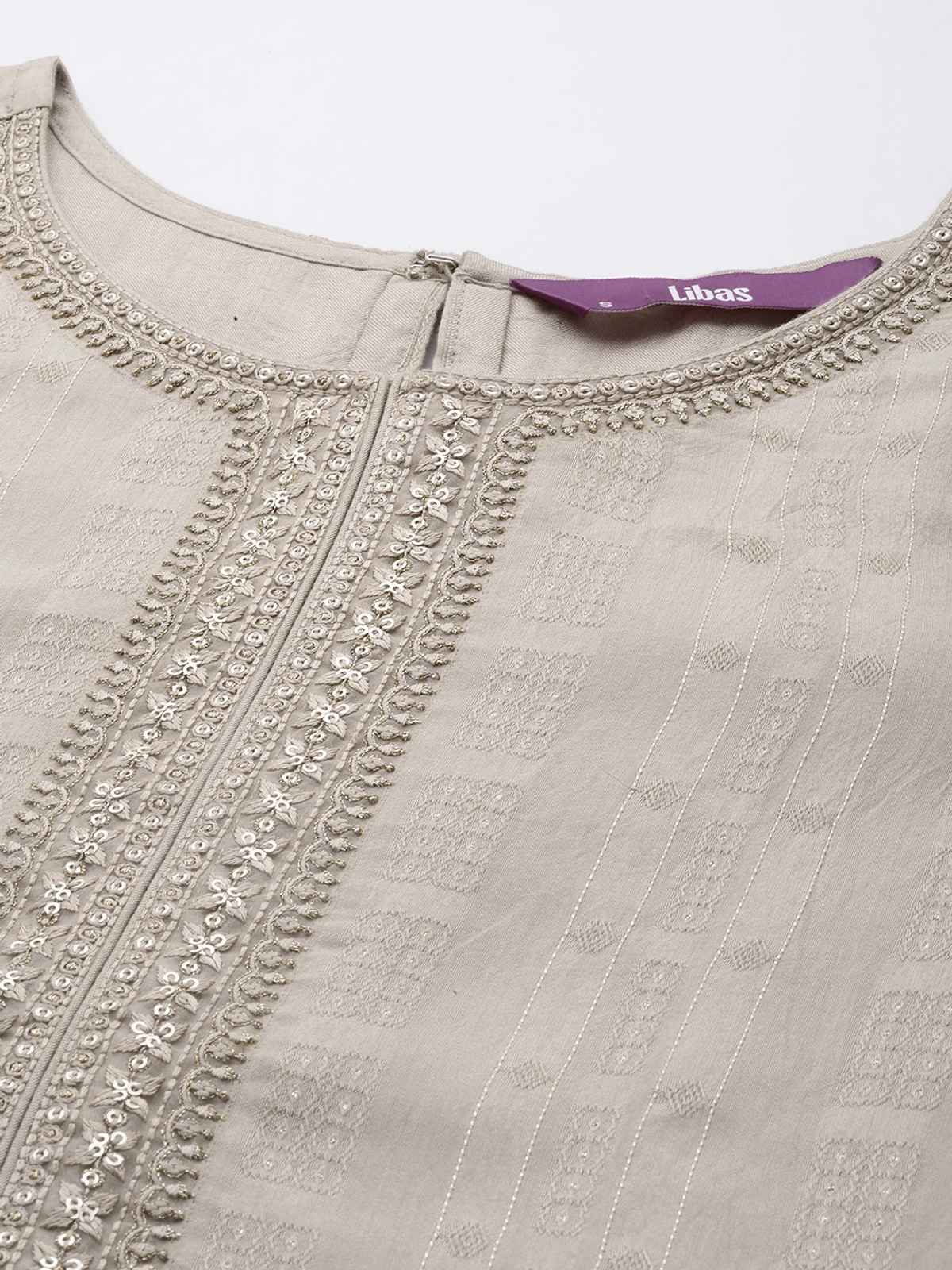 Libas Women Taupe Viscose (Dobby) Self Design With Zari Work Straight Kurta - 28069L