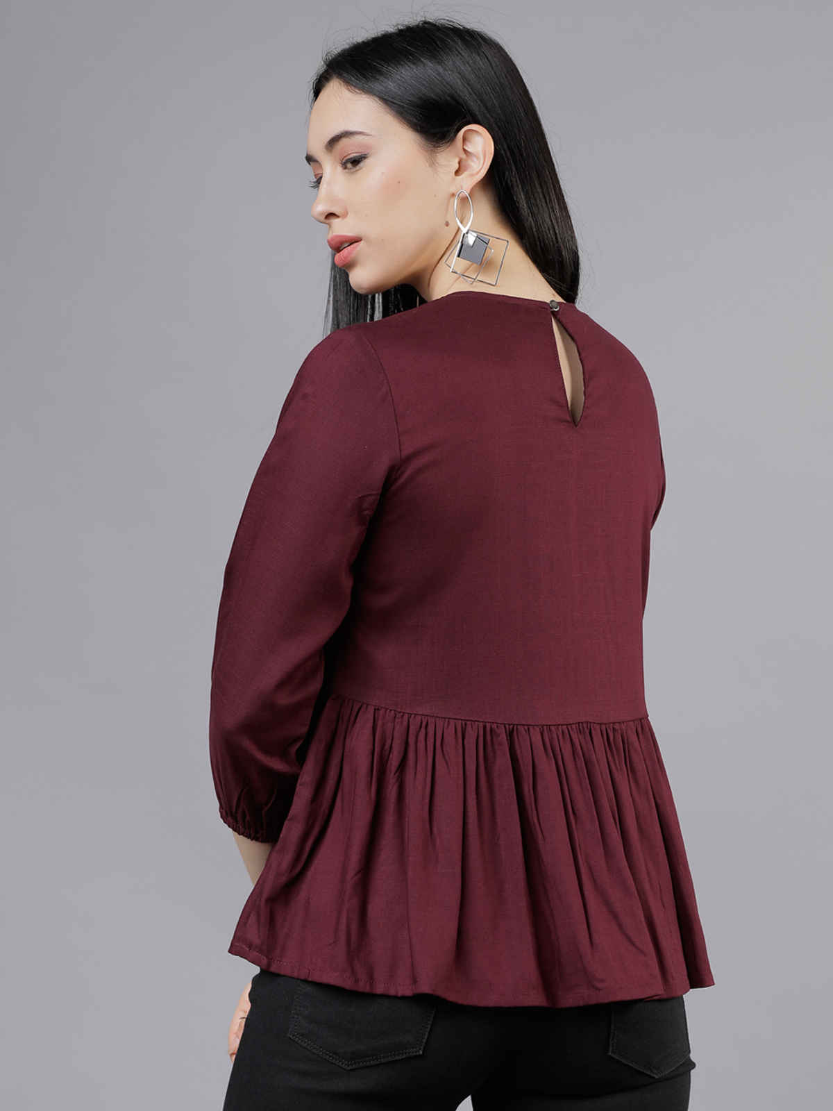 Tokyo Talkies Women's Lace Inserts Peplum Top | Burgundy - S