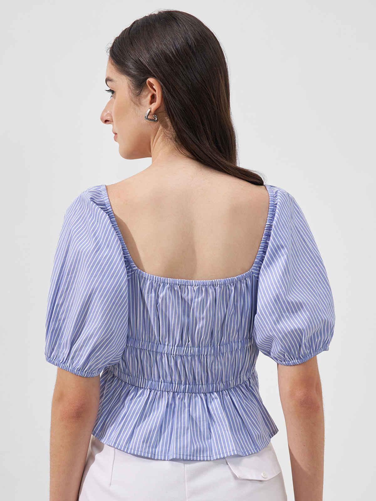 Tokyo Talkies Women Stripe Square Neckline Smocked Top | BLUE | XL