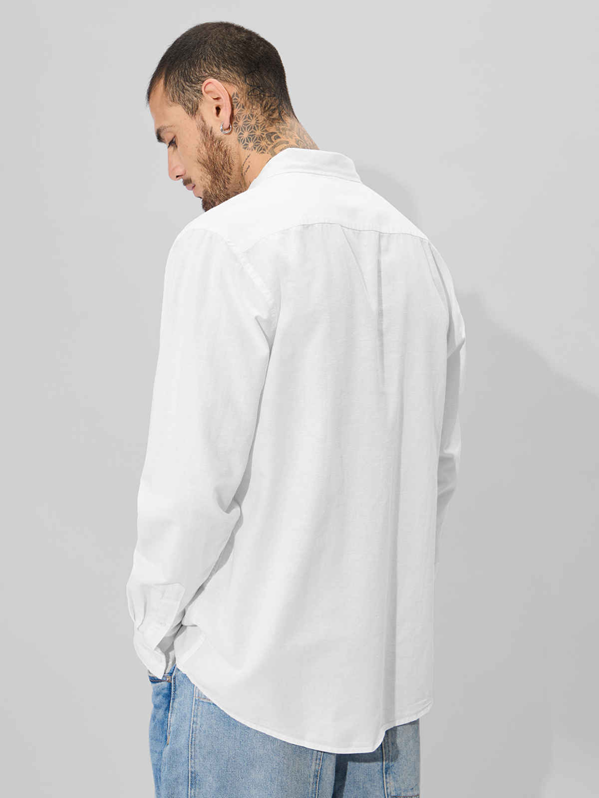 The Souled Store Men's Regular Pearl White Cotton Linen Shirts | White | L