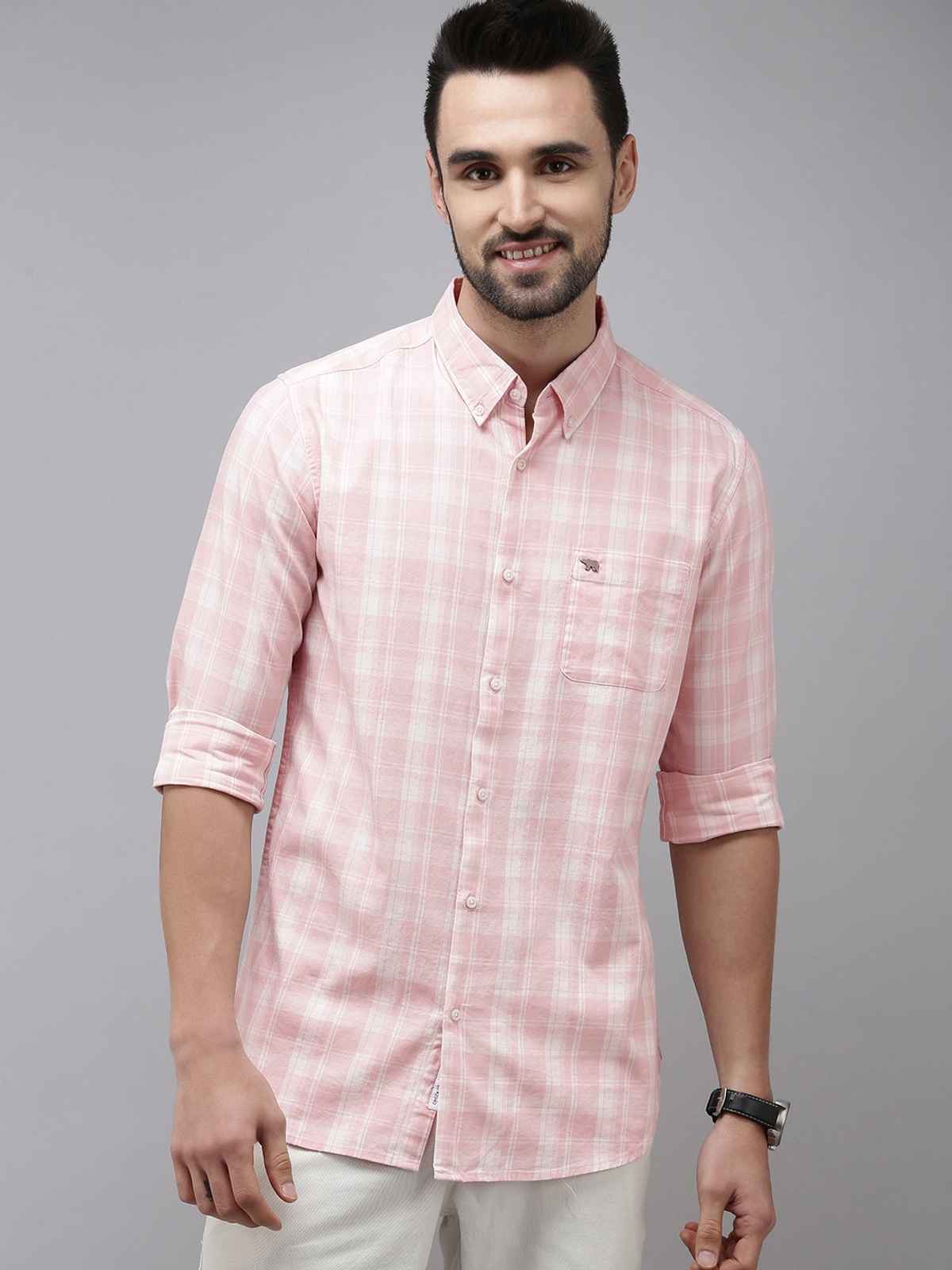 The Bear House Men Slim Fit Checked Button-Down Casual Shirt - Nimos | Pink | XL