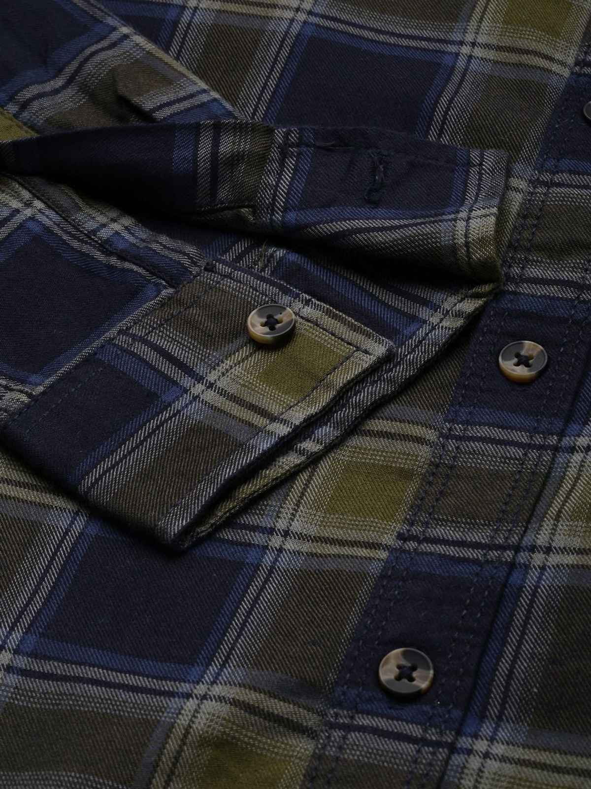 The Indian Garage Co Men's Slim Fit Checkered Casual Shirt | Navy Blue & Green - S