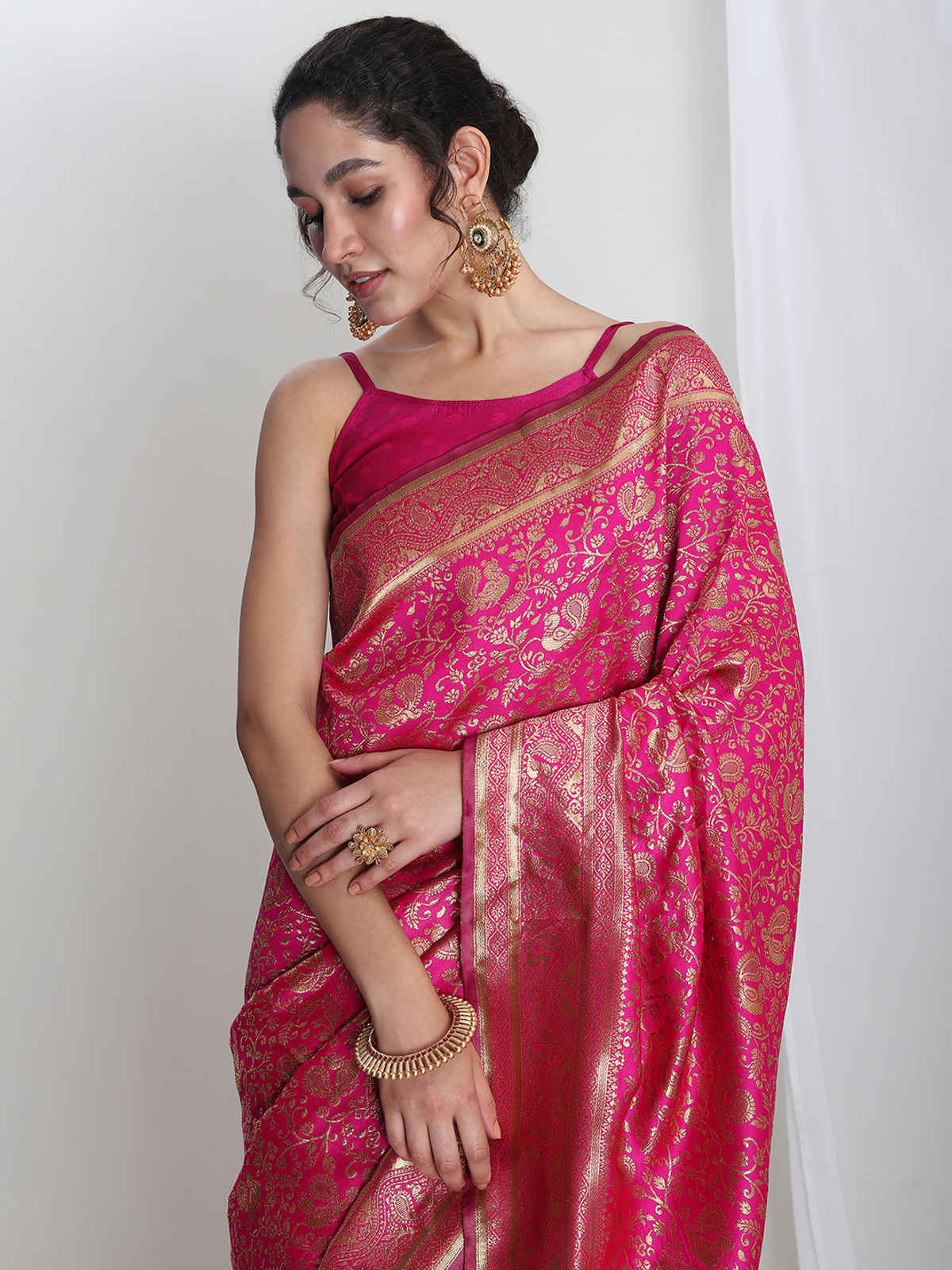 Janasya Women's Silk Blend Floral Woven Design Jacquard Saree with Blouse Piece | SAR654 | Pink