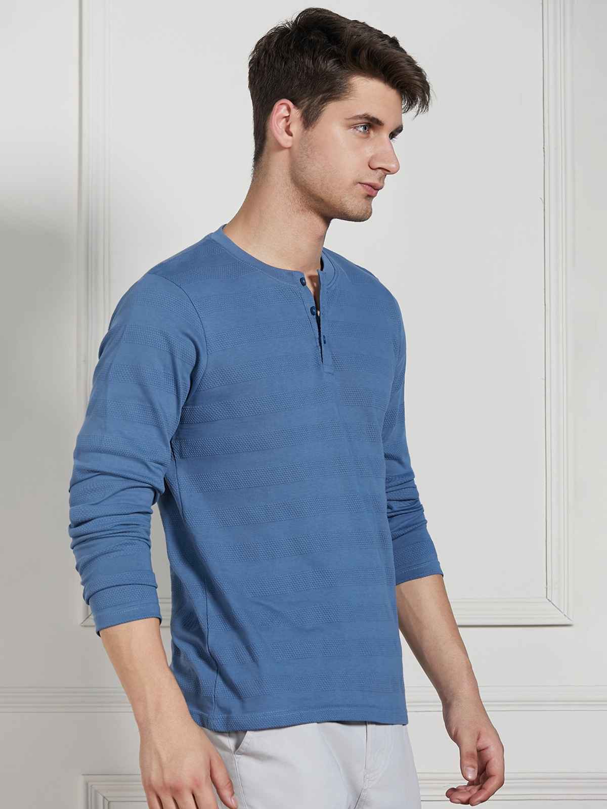 Dennis Lingo Men's Textured Henley Neck Cotton Regular Fit T-shirt | Mid Blue | L