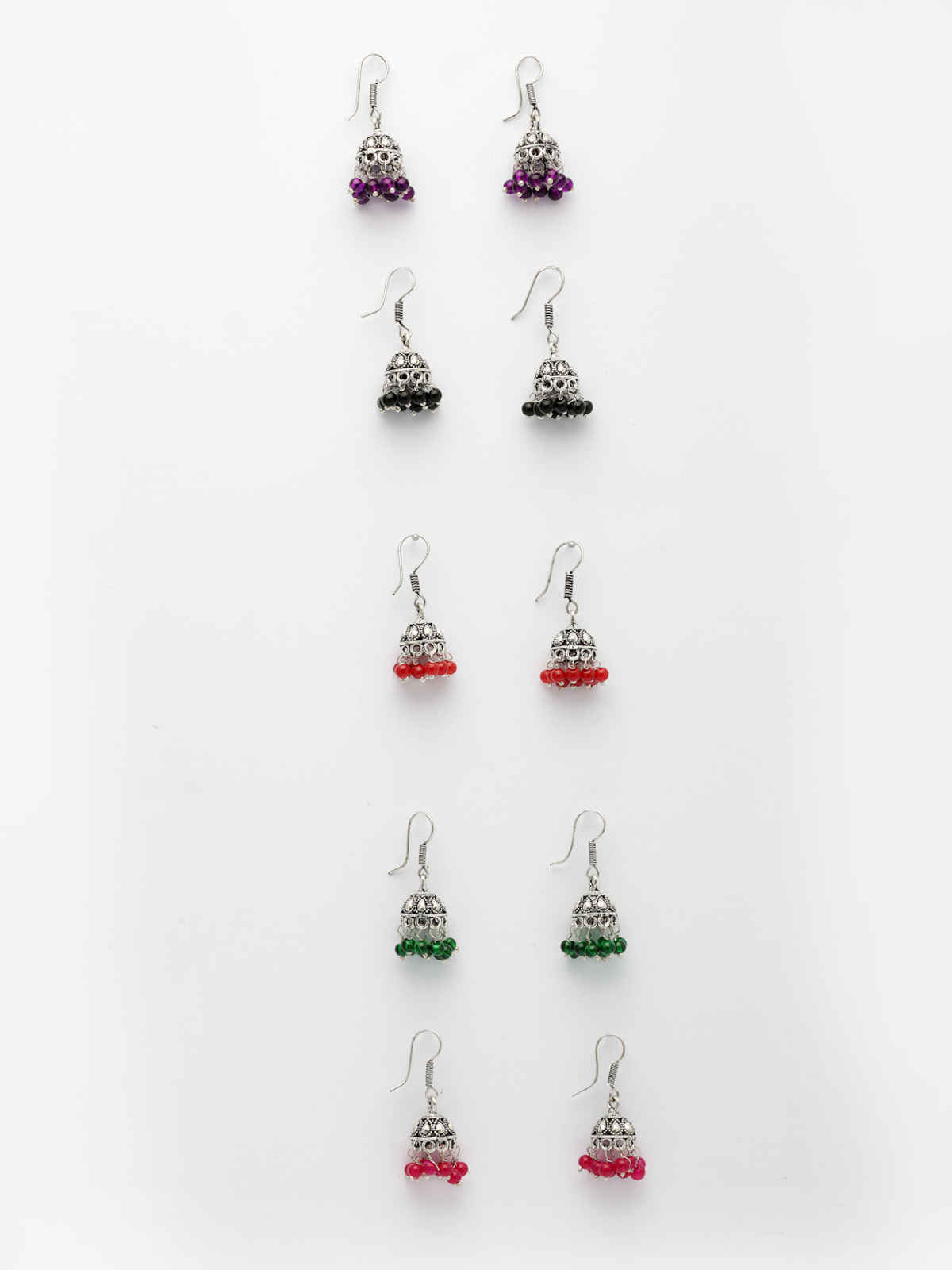 NVR Women Set of 5 Oxidized Silver-Plated Jhumka Earrings & Pair of Peacock Design Oxidised Kada Bangles