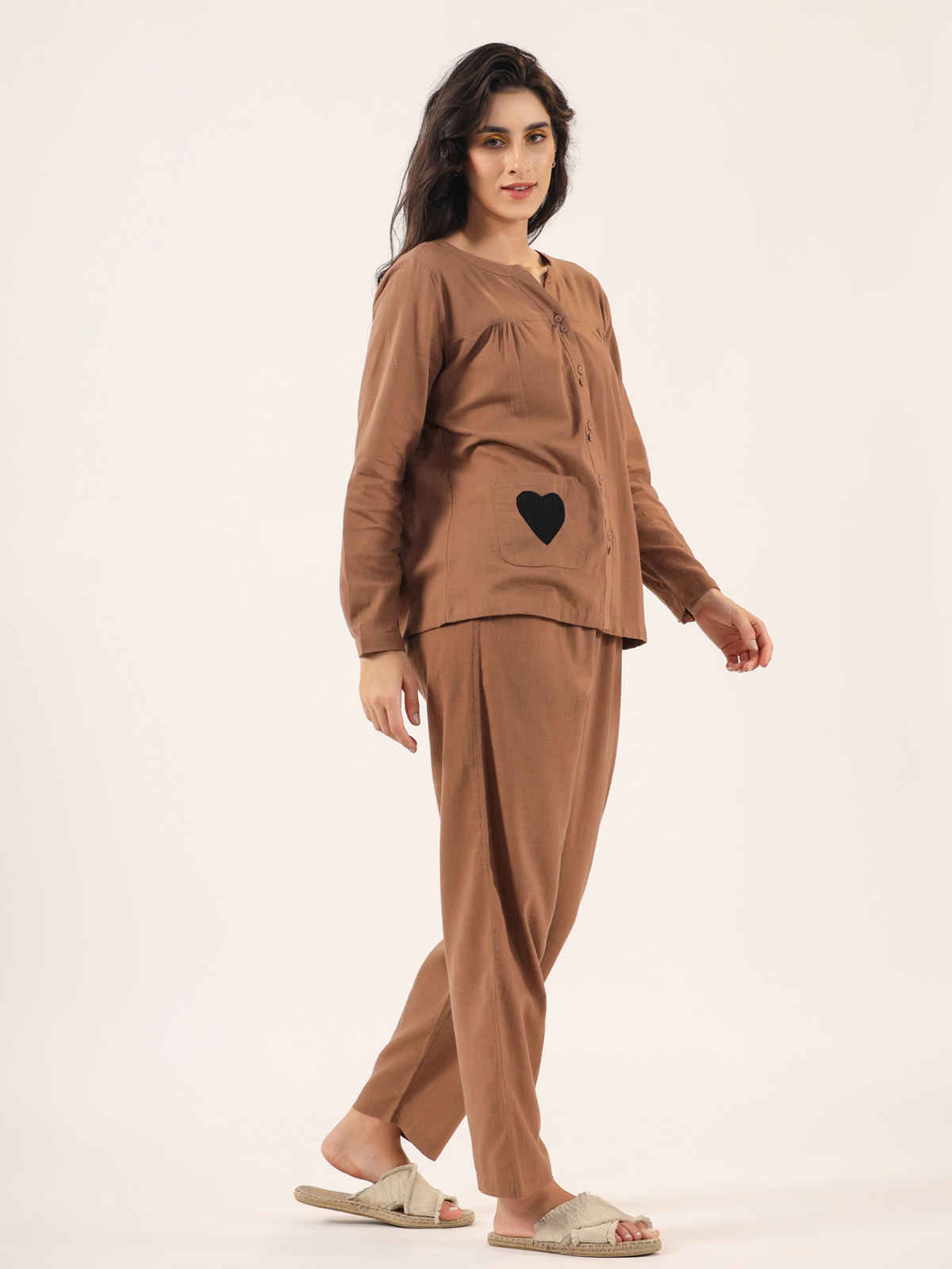 Sanskrutihomes Mandarin Collar Pure Cotton Night Suit | Brown - S