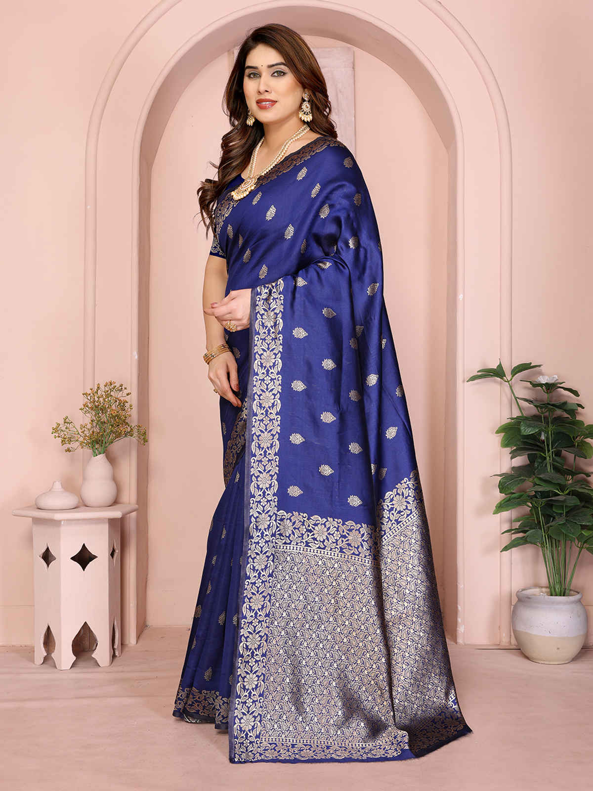 Hema Silk Mills Women Woven Banarasi Silk Blend Saree | Royal Blue