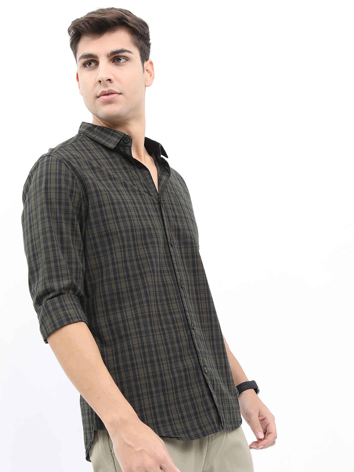 Highlander Men's Slim Fit Checked Casual Shirt - Olive and Black | S