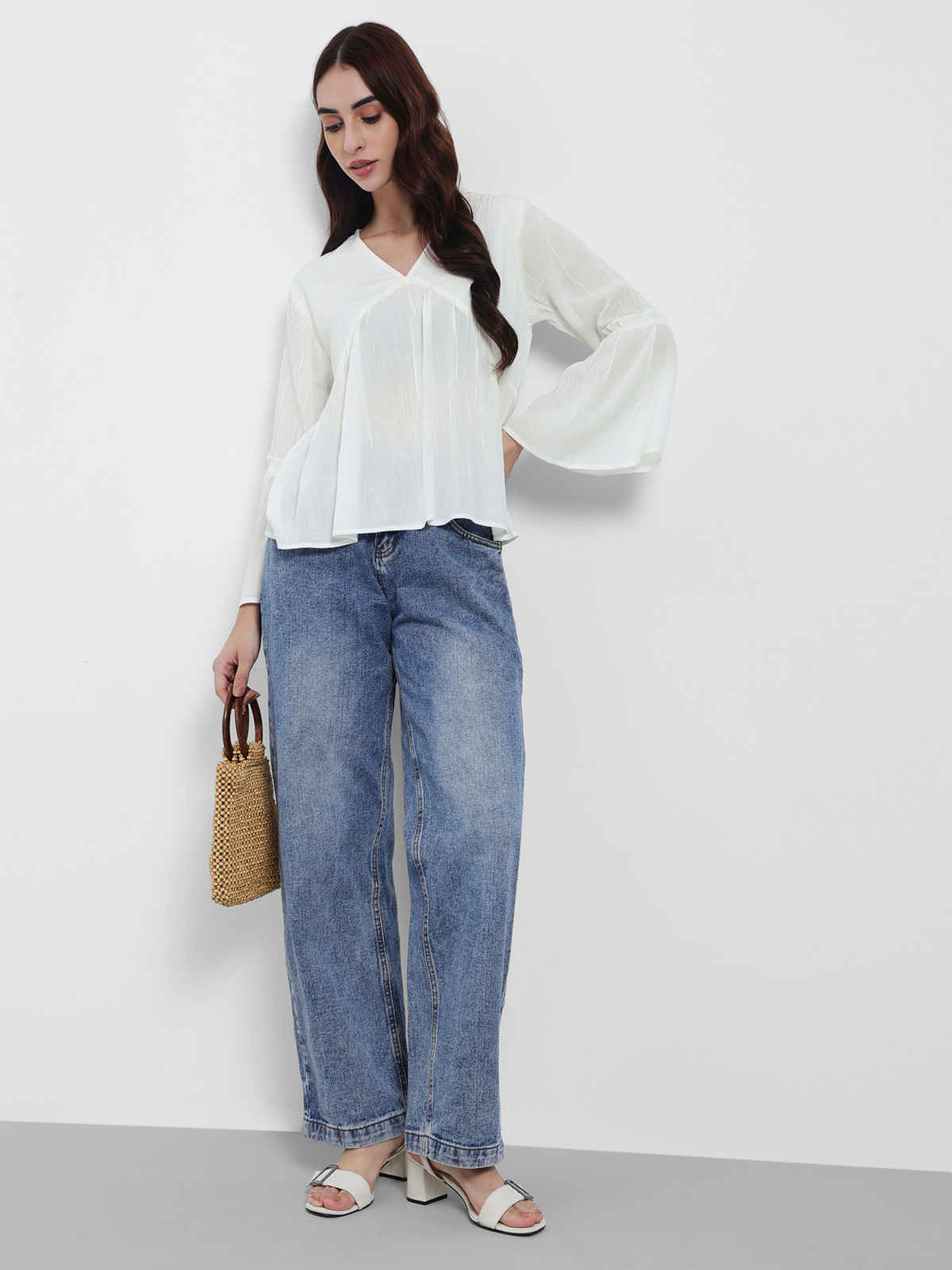 Styli Women's A-Line Top with V-Neck and Bell Sleeves | White - M