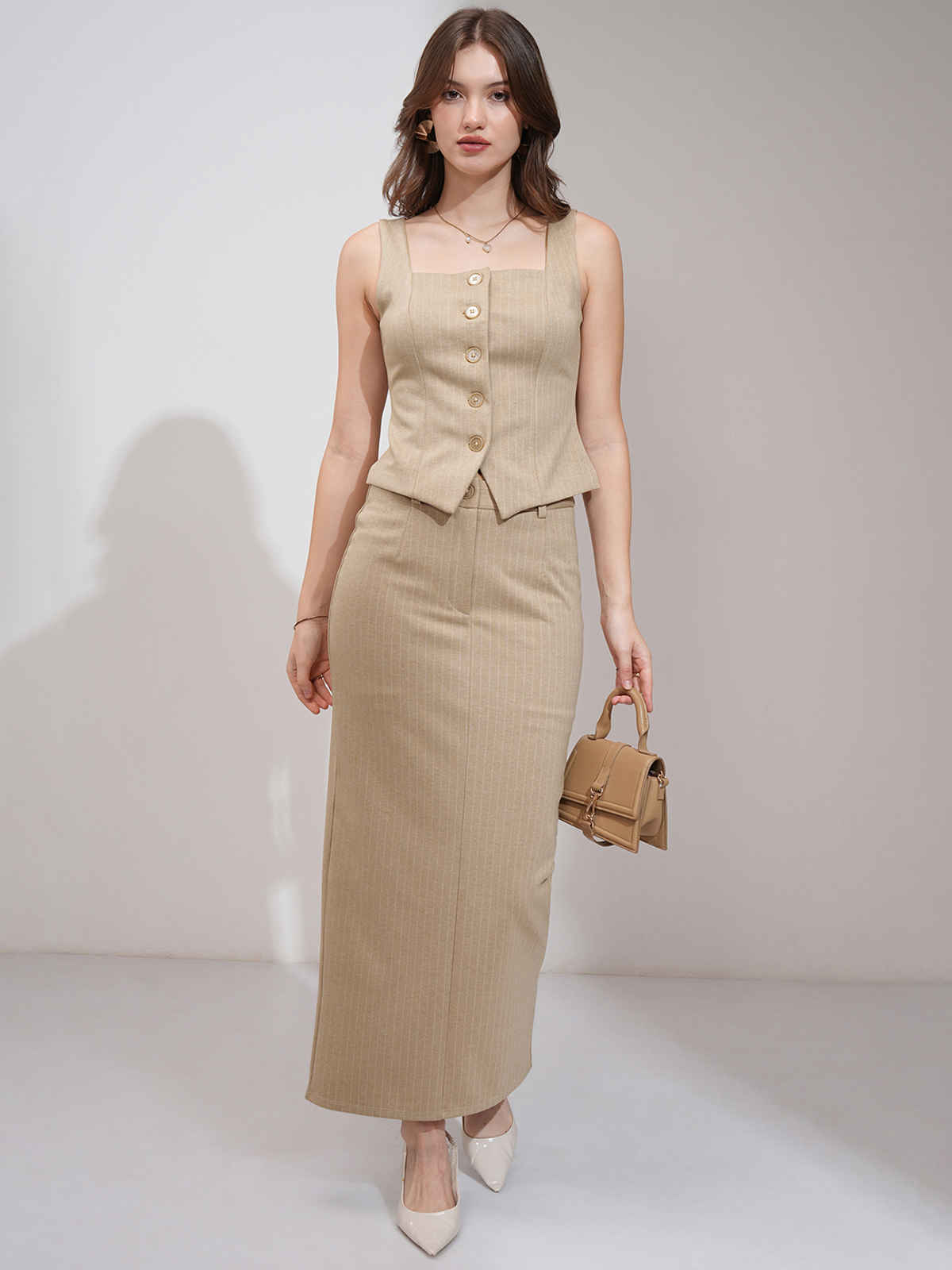 Tokyo Talkies Women's Pinstriped Vest & Midi Column Skirt Set | Beige - M