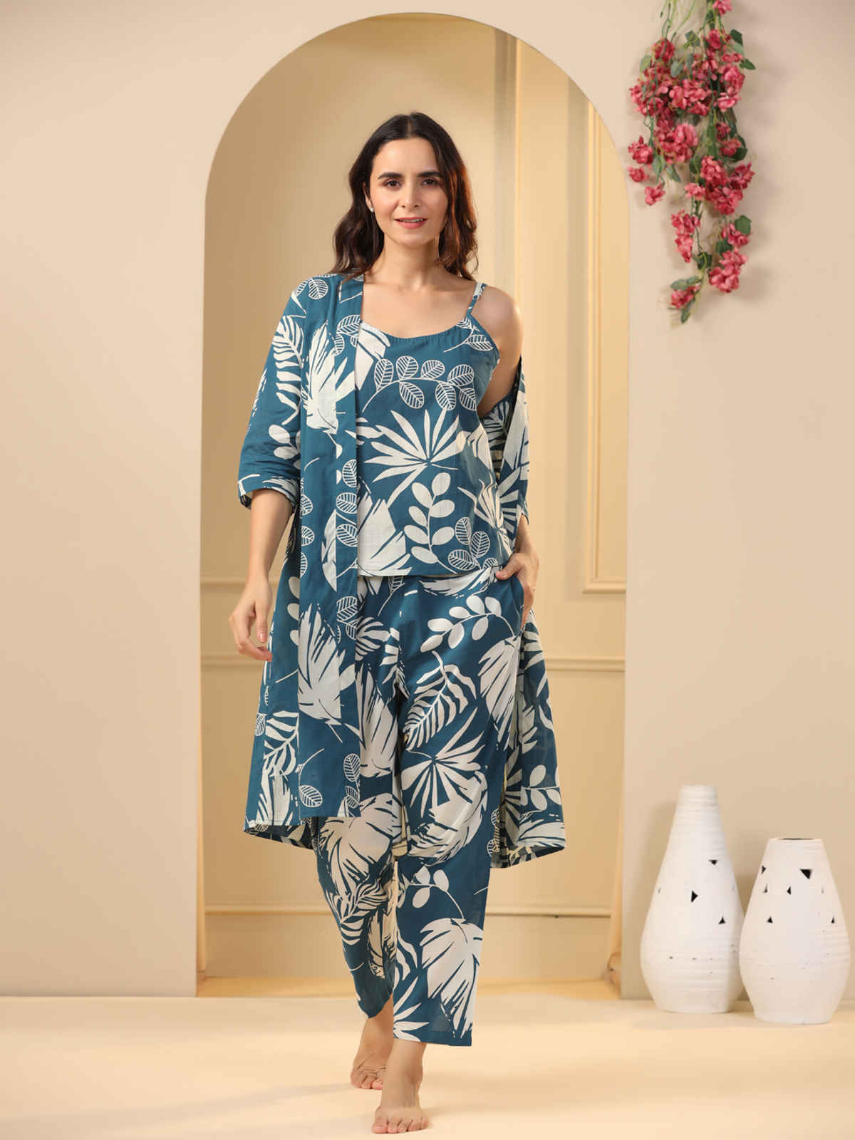 Sanskrutihomes Teal 3 Pieces Floral Printed Pure Cotton Night Suit | Teal - S
