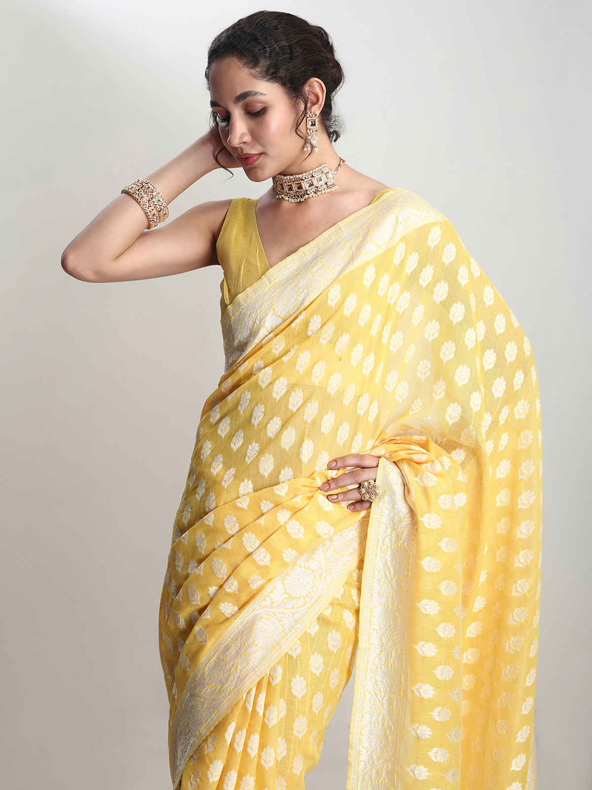 Janasya Women's Silk Blend Floral Woven Design Jacquard Saree with Blouse Piece | SAR632 | Yellow
