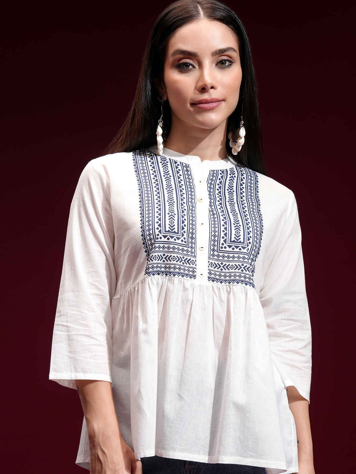 Vishudh Women's Geometric Printed Mandarin Collar Empire Top | Off White | XL