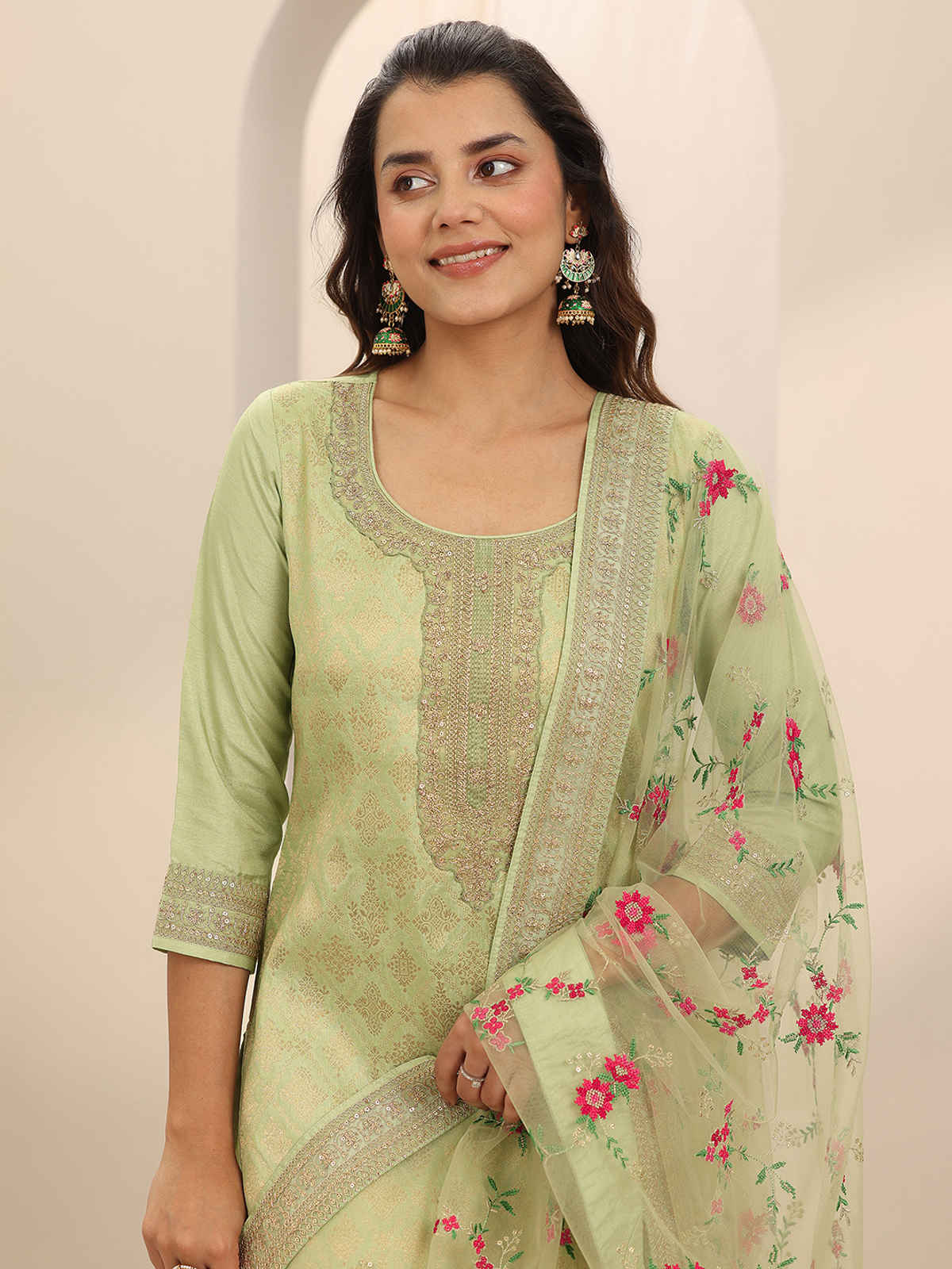 Libas Woven Design Silk Blend Straight Suit Set With Dupatta | 99477H | Green - XL