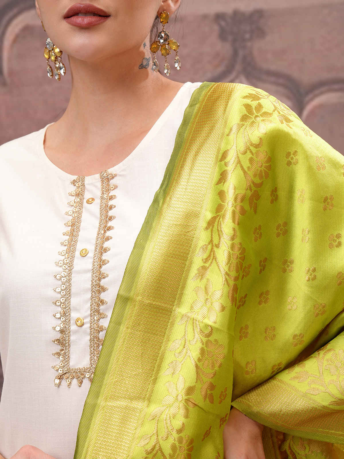 Vishudh Women's Embroidered Straight Kurta with Palazzo & Dupatta | Cream | L