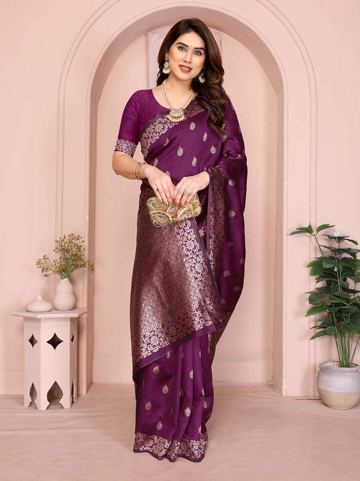 Hema Silk Mills Women Woven Banarasi Silk Blend Saree | Wine