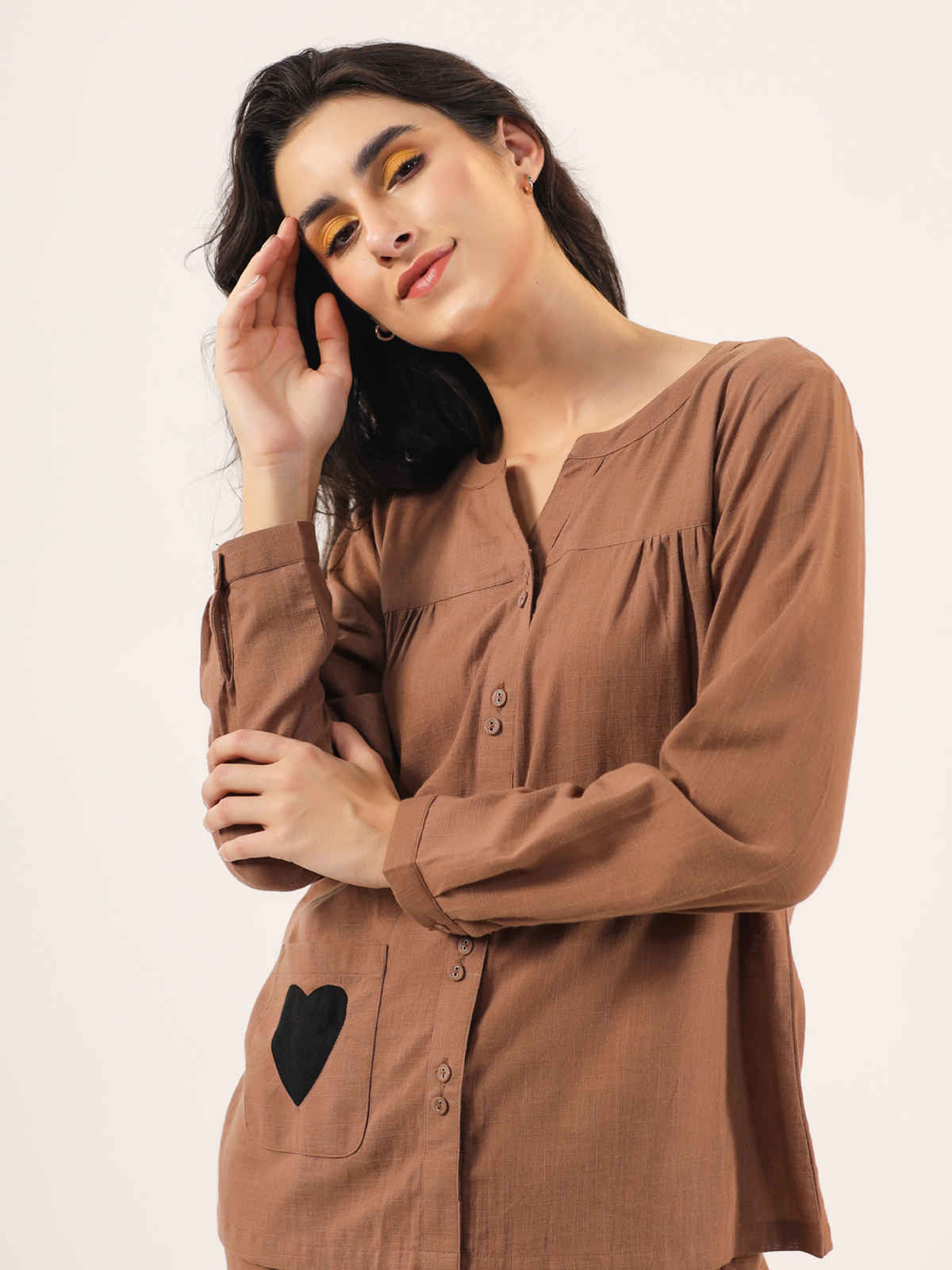Sanskrutihomes Mandarin Collar Pure Cotton Night Suit | Brown - S