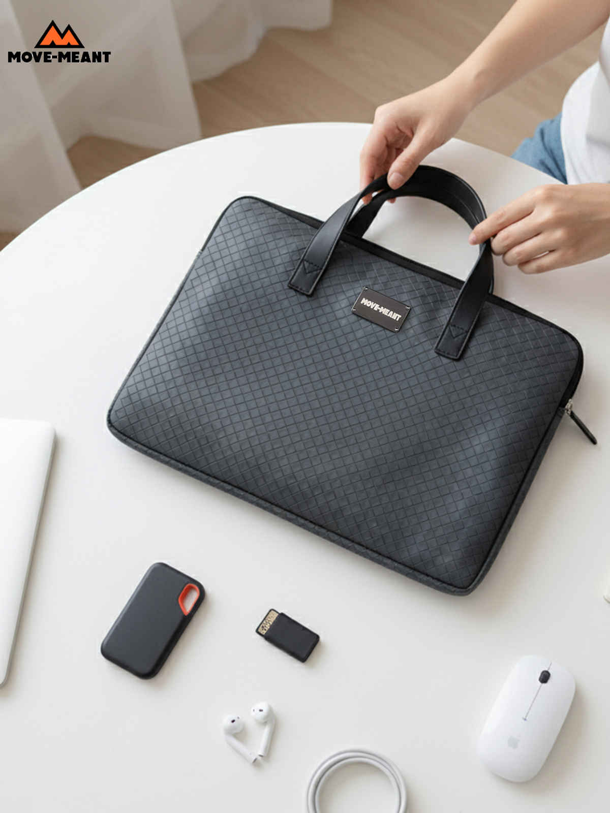 Move-Meant Laptop Sleeve | 11-14 inch | PU, Water-Resistant, Slim Case with Zipper | Grey