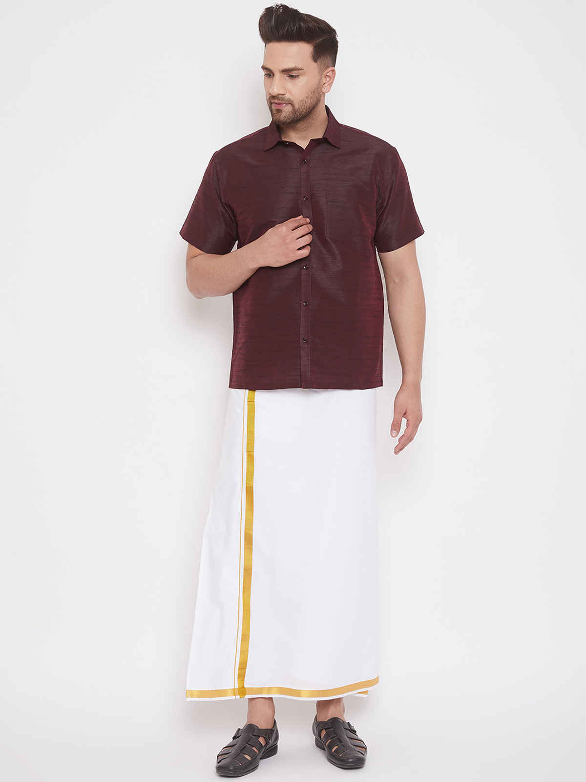 Vastramay Men's White and Gold Velcro Mundu/Veshti/Dhoti with pockets | Ready To Wear | Free Size